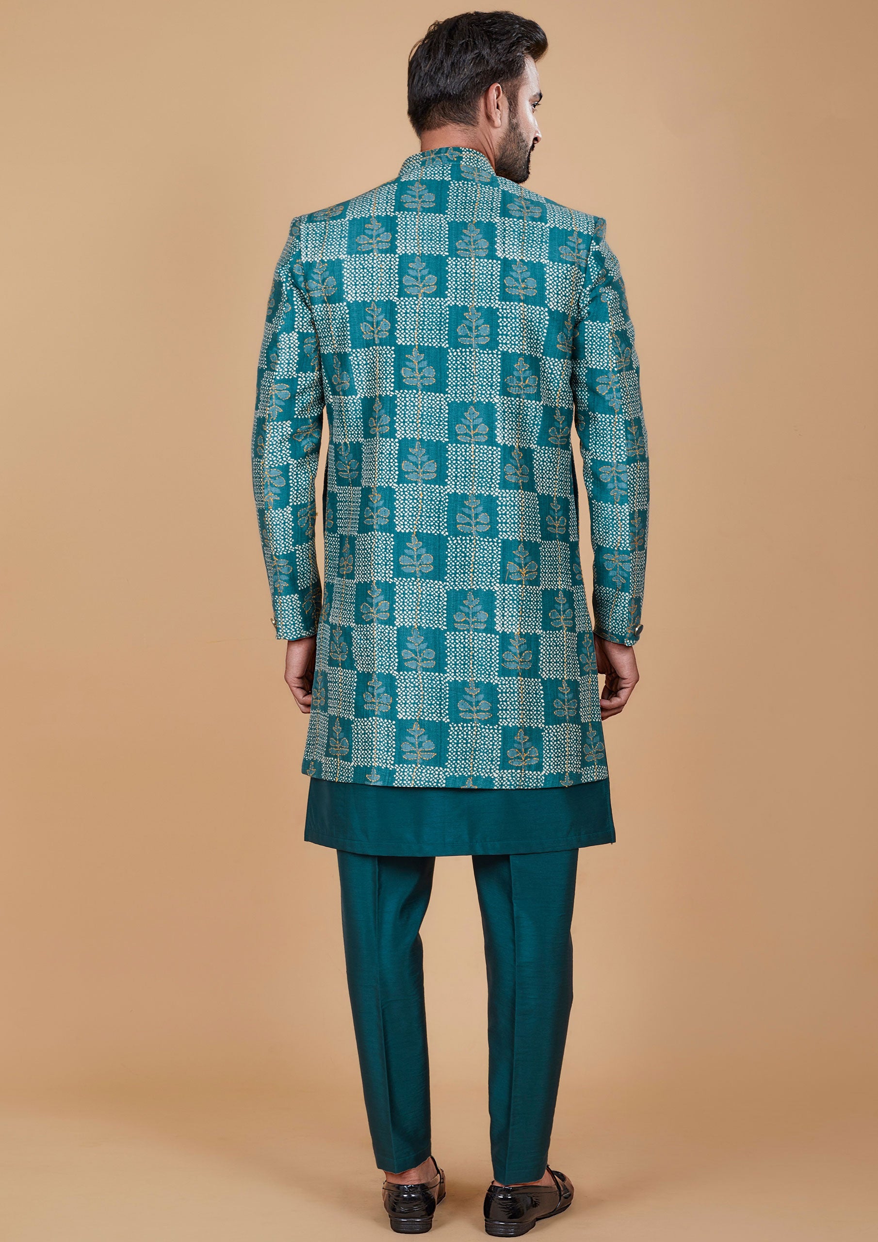 Teal Color Jacquard Silk Thread Work Men's Wear